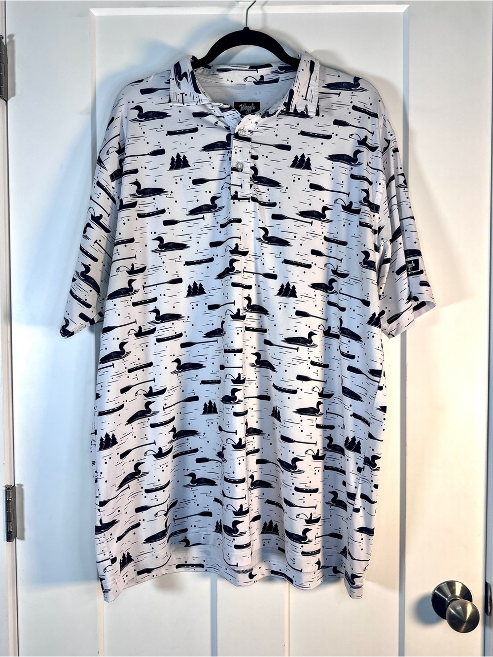 Waggle Golf White Polo with Black Loon, Fishing & Lake Print